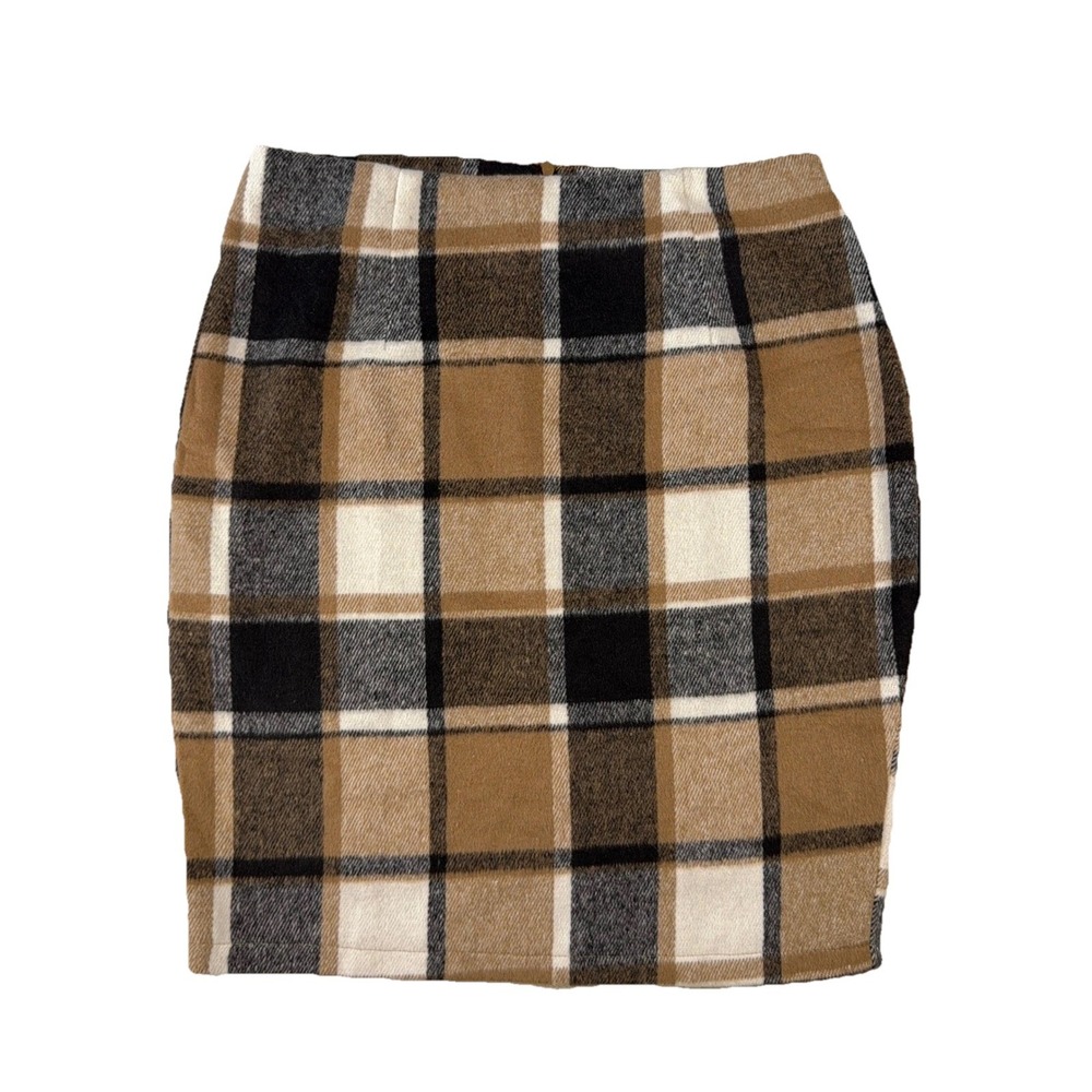 In-Style Women Brown Plaid Wool Blend Mini Pencil Skirt Size M NWT